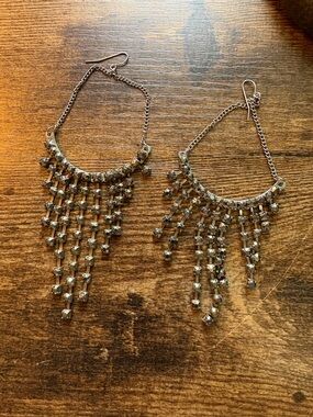 Silver Rhinestone Fringe Dangle Earrings - Unbranded